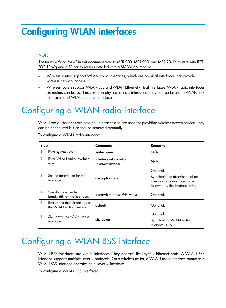 Configuring wlan interfaces, Configuring a wlan radio interface, Configuring a wlan bss interface | H3C Technologies H3C MSR 50 User Manual | Page 10 / 83