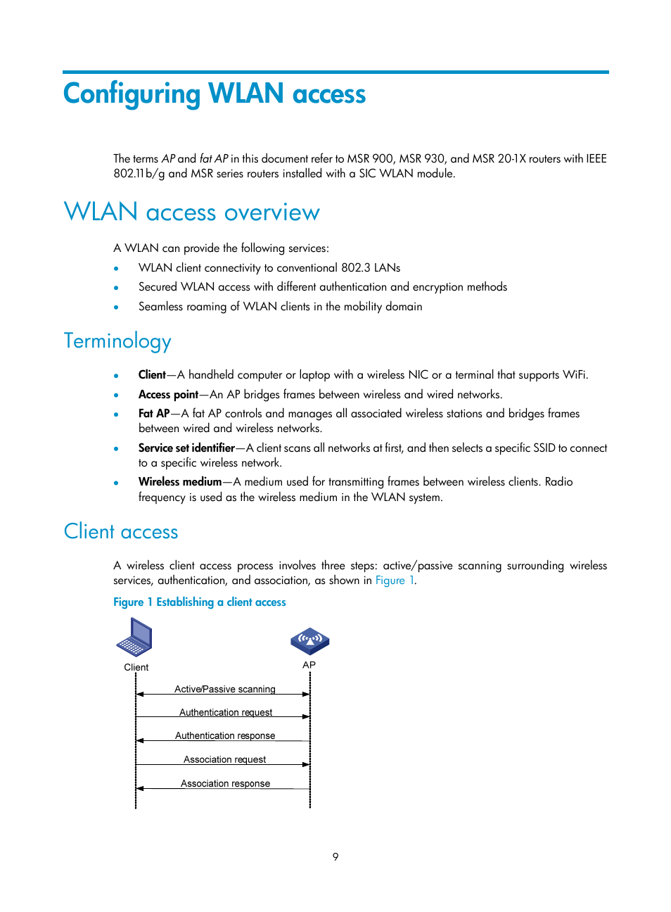 Configuring wlan access, Wlan access overview, Terminology | Client access | H3C Technologies H3C MSR 50 User Manual | Page 18 / 83