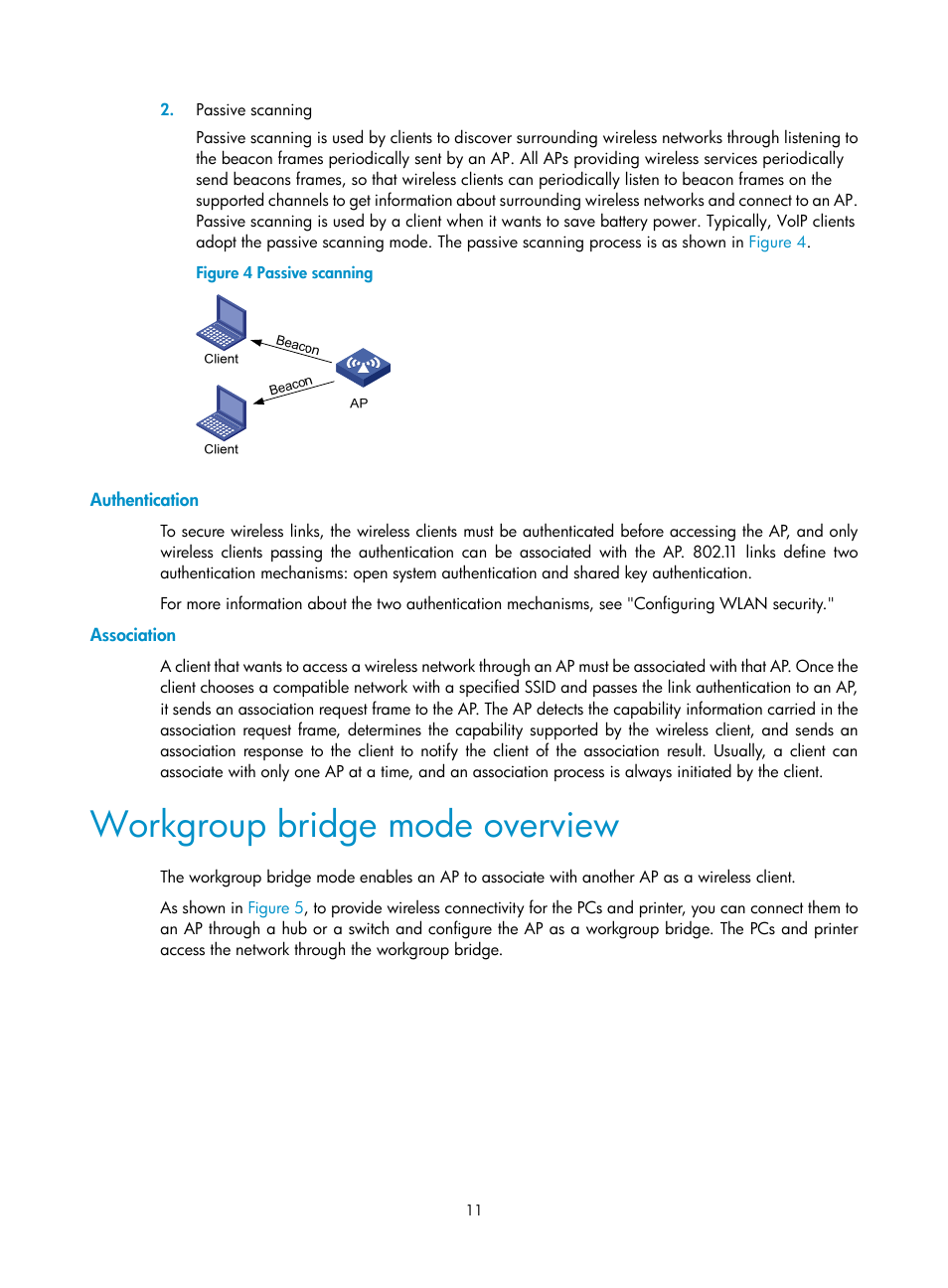 Authentication, Association, Workgroup bridge mode overview | H3C Technologies H3C MSR 50 User Manual | Page 20 / 83