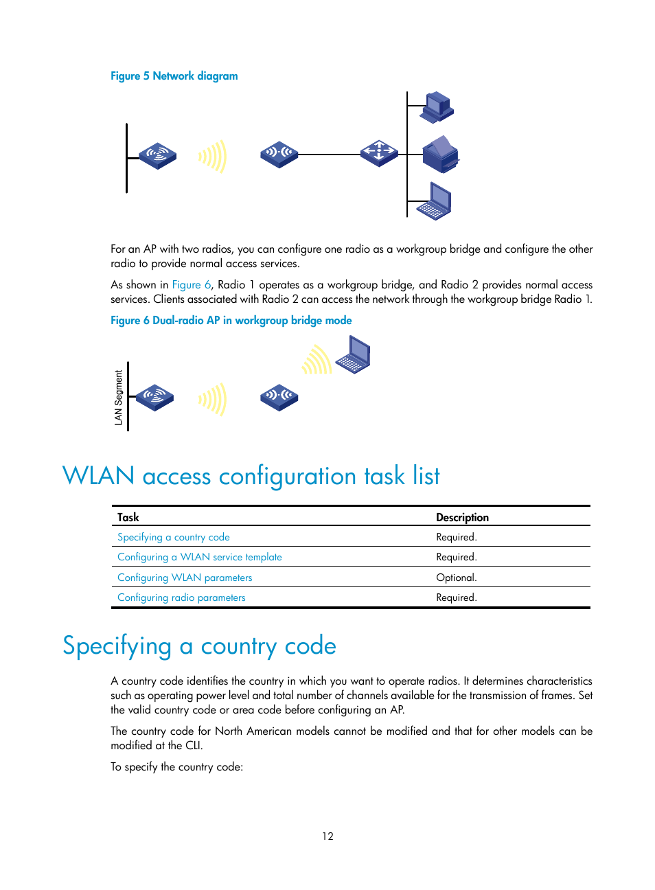 Wlan access configuration task list, Specifying a country code | H3C Technologies H3C MSR 50 User Manual | Page 21 / 83