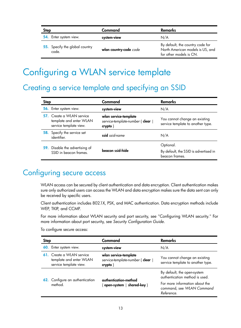 Configuring a wlan service template, Creating a service template and specifying an ssid, Configuring secure access | H3C Technologies H3C MSR 50 User Manual | Page 22 / 83