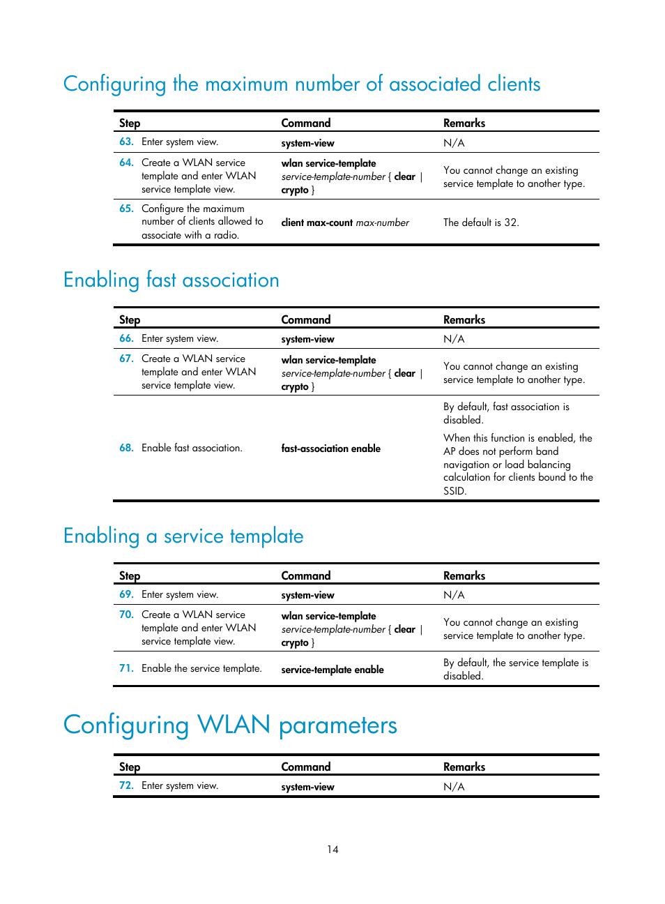 Enabling fast association, Enabling a service template, Configuring wlan parameters | H3C Technologies H3C MSR 50 User Manual | Page 23 / 83