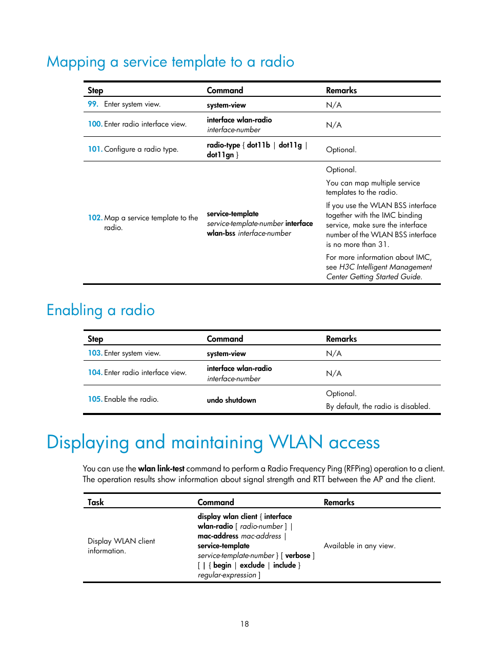 Mapping a service template to a radio, Enabling a radio, Displaying and maintaining wlan access | H3C Technologies H3C MSR 50 User Manual | Page 27 / 83