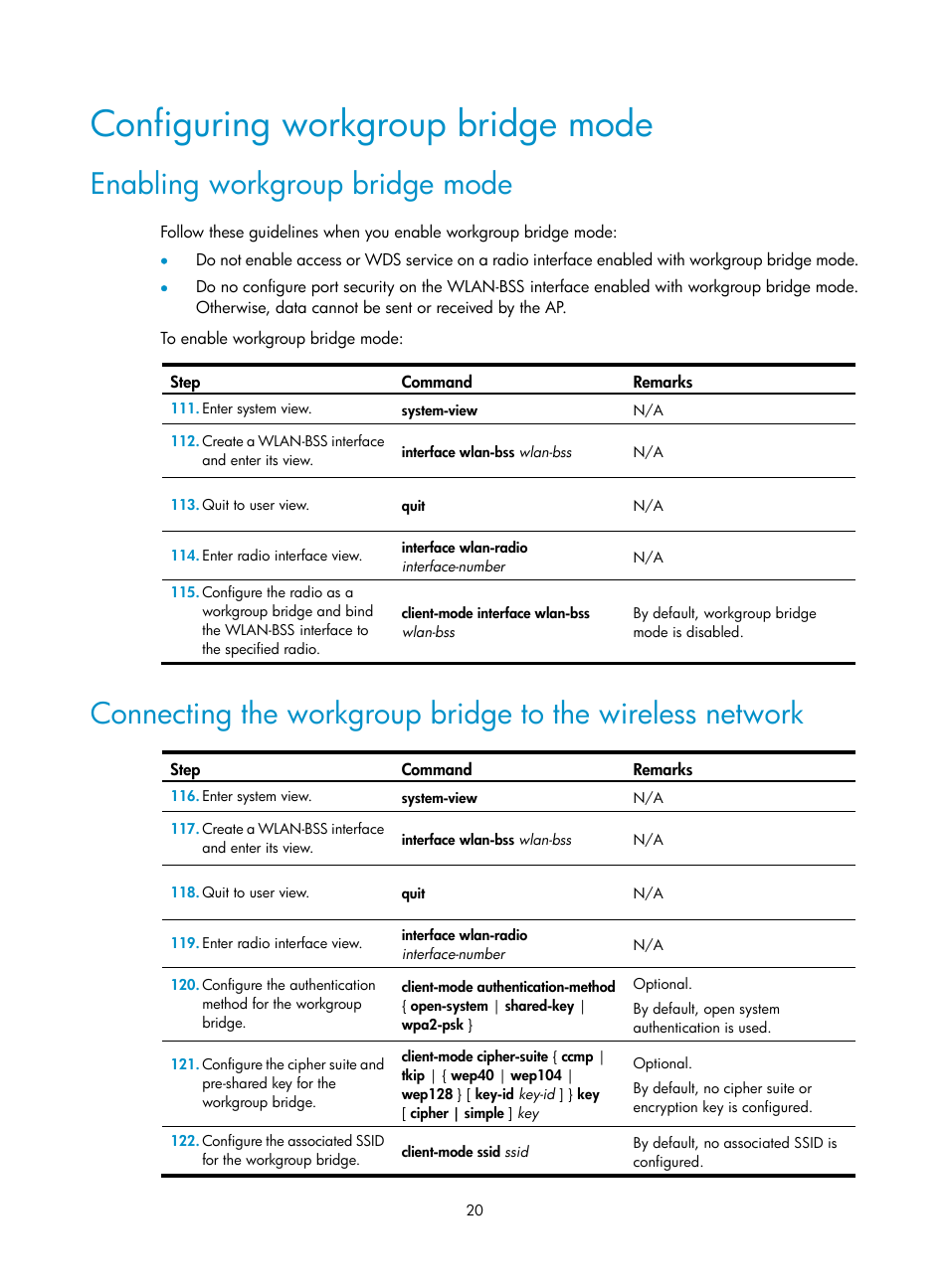 Configuring workgroup bridge mode, Enabling workgroup bridge mode | H3C Technologies H3C MSR 50 User Manual | Page 29 / 83