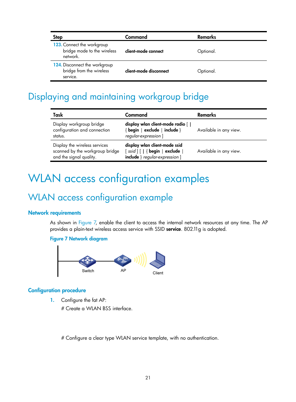 Displaying and maintaining workgroup bridge, Wlan access configuration examples, Wlan access configuration example | Network requirements, Configuration procedure | H3C Technologies H3C MSR 50 User Manual | Page 30 / 83