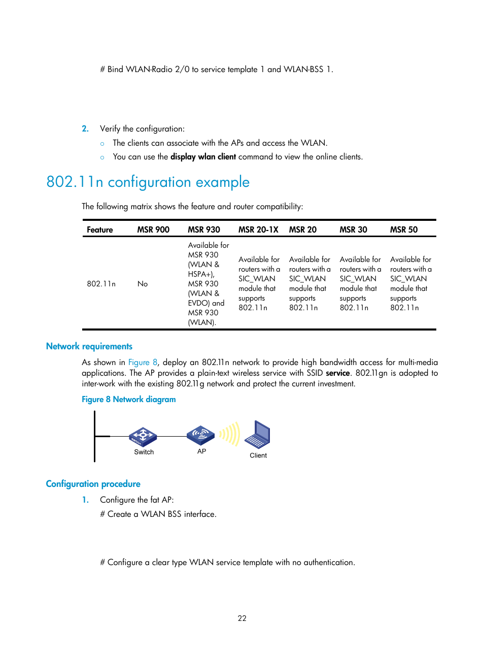 11n configuration example, Network requirements, Configuration procedure | H3C Technologies H3C MSR 50 User Manual | Page 31 / 83