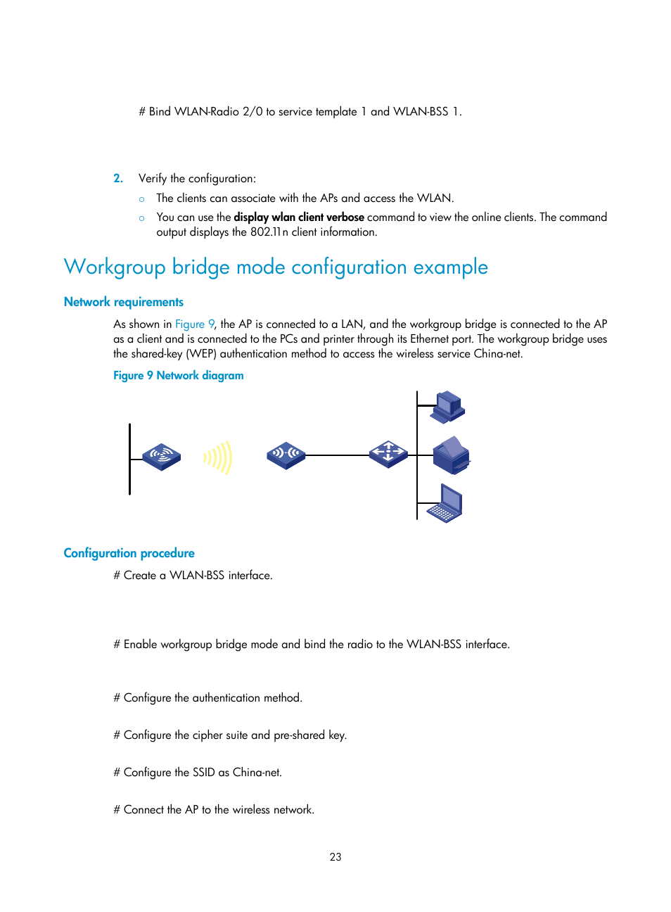 Workgroup bridge mode configuration example, Network requirements, Configuration procedure | H3C Technologies H3C MSR 50 User Manual | Page 32 / 83