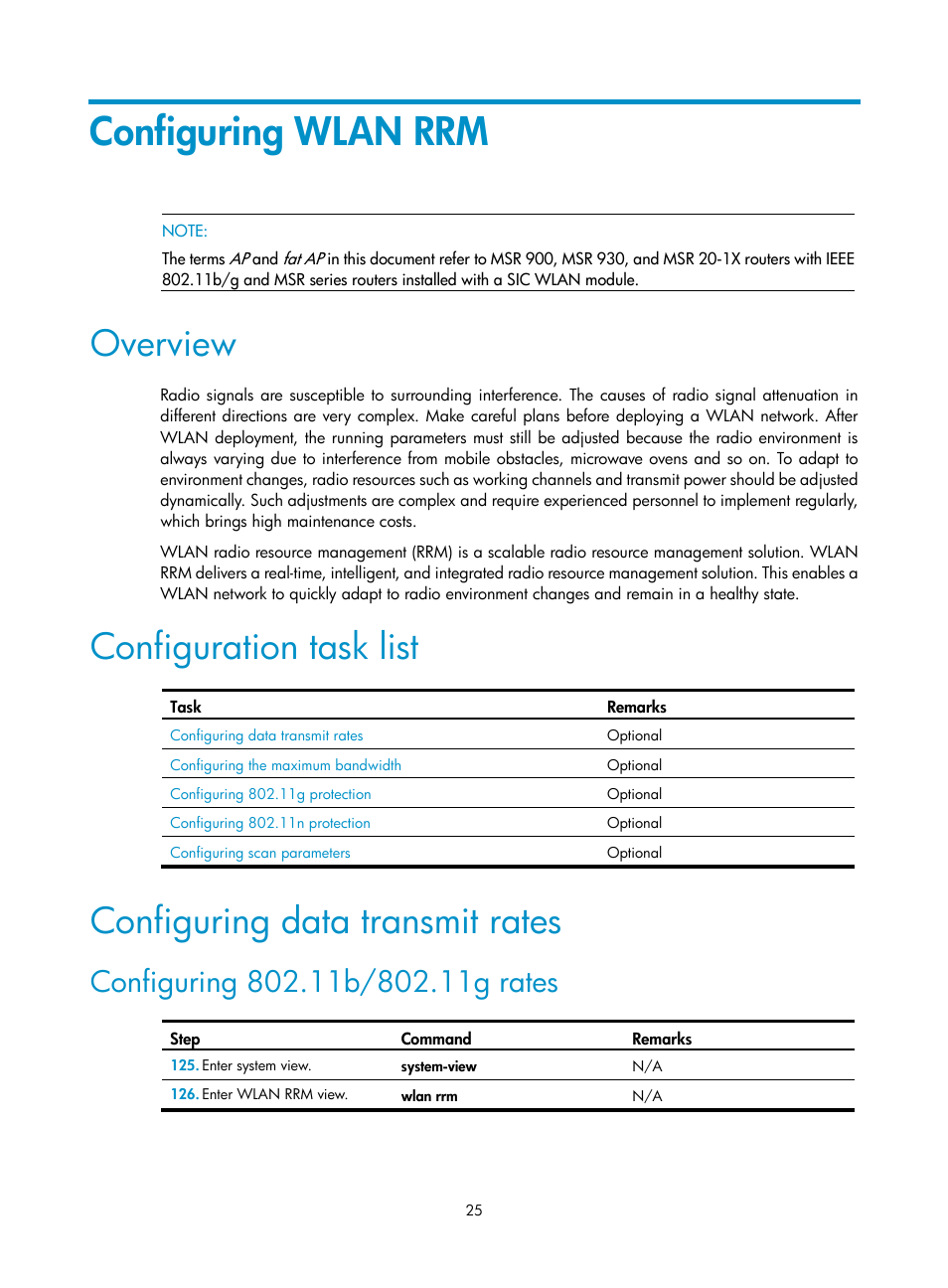 Configuring wlan rrm, Overview, Configuration task list | Configuring data transmit rates, Configuring 802.11b/802.11g rates | H3C Technologies H3C MSR 50 User Manual | Page 34 / 83