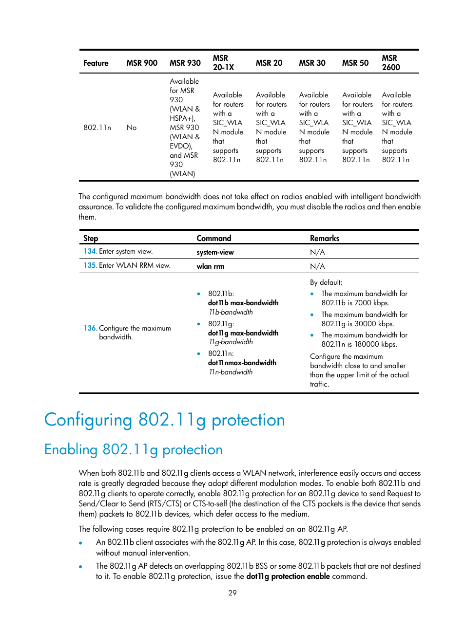 Configuring 802.11g protection, Enabling 802.11g protection | H3C Technologies H3C MSR 50 User Manual | Page 38 / 83