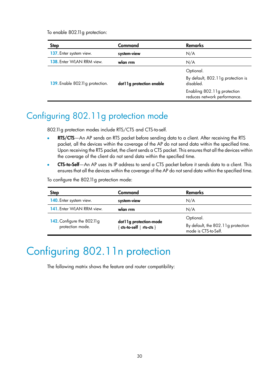 Configuring 802.11g protection mode, Configuring 802.11n protection | H3C Technologies H3C MSR 50 User Manual | Page 39 / 83