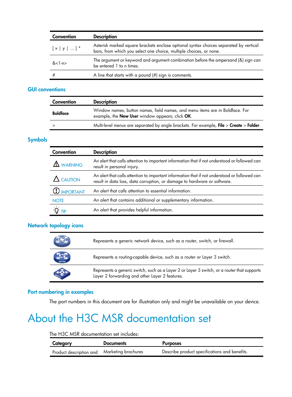 Gui conventions, Symbols, Network topology icons | Port numbering in examples, About the h3c msr documentation set | H3C Technologies H3C MSR 50 User Manual | Page 4 / 83