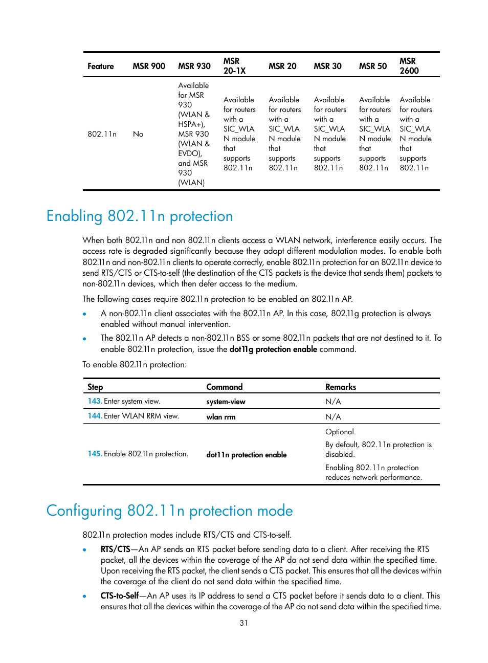 Enabling 802.11n protection, Configuring 802.11n protection mode | H3C Technologies H3C MSR 50 User Manual | Page 40 / 83