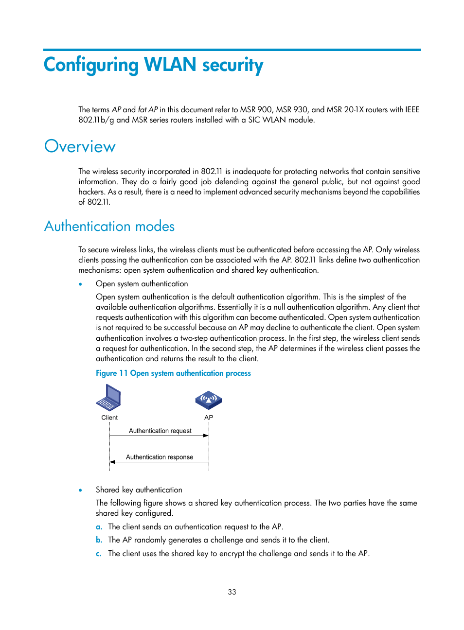 Configuring wlan security, Overview, Authentication modes | H3C Technologies H3C MSR 50 User Manual | Page 42 / 83