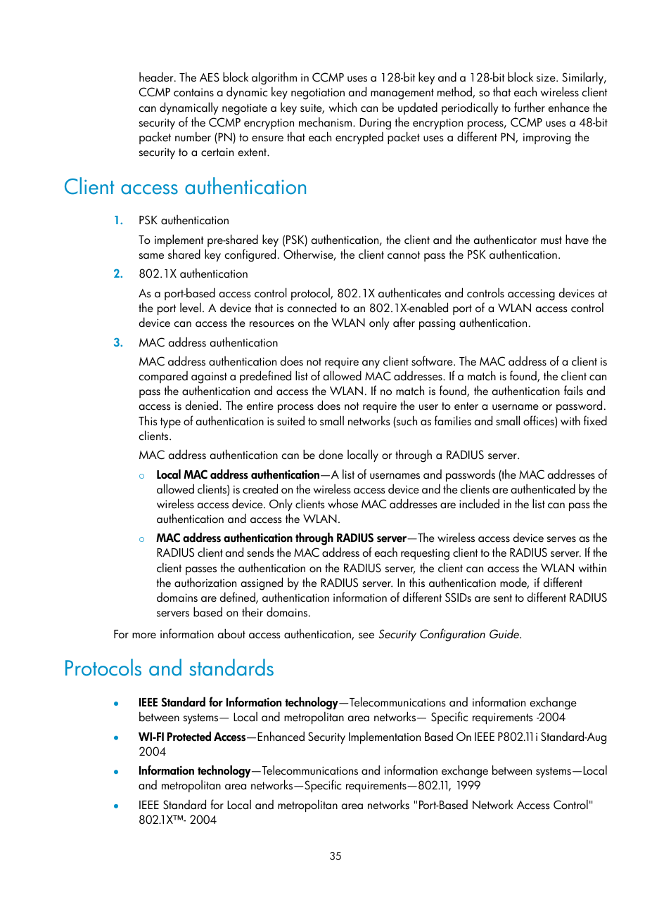 Client access authentication, Protocols and standards | H3C Technologies H3C MSR 50 User Manual | Page 44 / 83