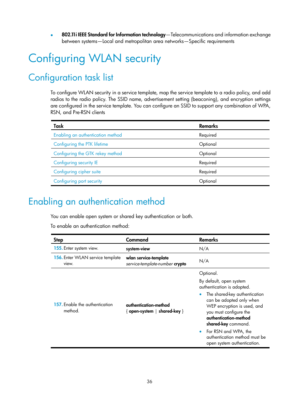 Configuring wlan security, Configuration task list, Enabling an authentication method | H3C Technologies H3C MSR 50 User Manual | Page 45 / 83