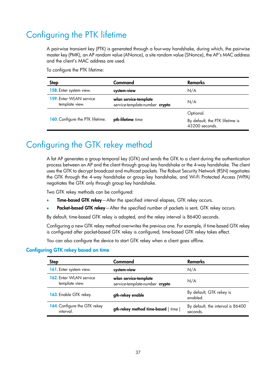 Configuring the ptk lifetime, Configuring the gtk rekey method, Configuring gtk rekey based on time | H3C Technologies H3C MSR 50 User Manual | Page 46 / 83