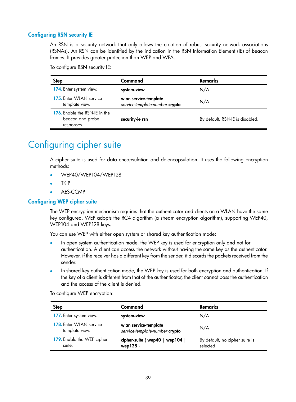 Configuring rsn security ie, Configuring cipher suite, Configuring wep cipher suite | H3C Technologies H3C MSR 50 User Manual | Page 48 / 83