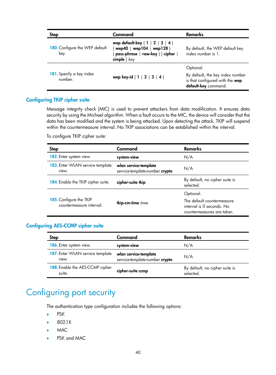 Configuring tkip cipher suite, Configuring aes-ccmp cipher suite, Configuring port security | H3C Technologies H3C MSR 50 User Manual | Page 49 / 83