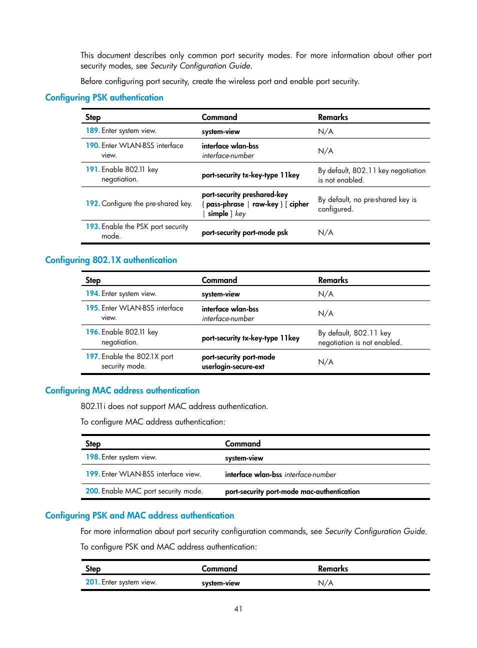 Configuring psk authentication, Configuring 802.1x authentication, Configuring mac address authentication | Configuring psk and mac address authentication | H3C Technologies H3C MSR 50 User Manual | Page 50 / 83