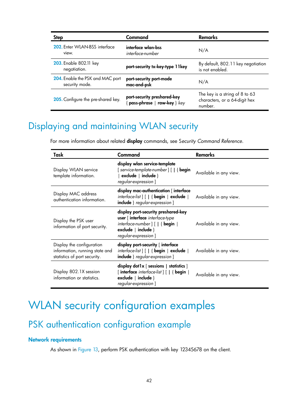 Displaying and maintaining wlan security, Wlan security configuration examples, Psk authentication configuration example | Network requirements | H3C Technologies H3C MSR 50 User Manual | Page 51 / 83