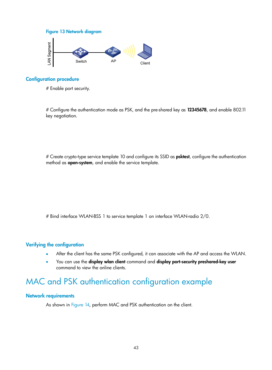 Configuration procedure, Verifying the configuration, Mac and psk authentication configuration example | Network requirements | H3C Technologies H3C MSR 50 User Manual | Page 52 / 83