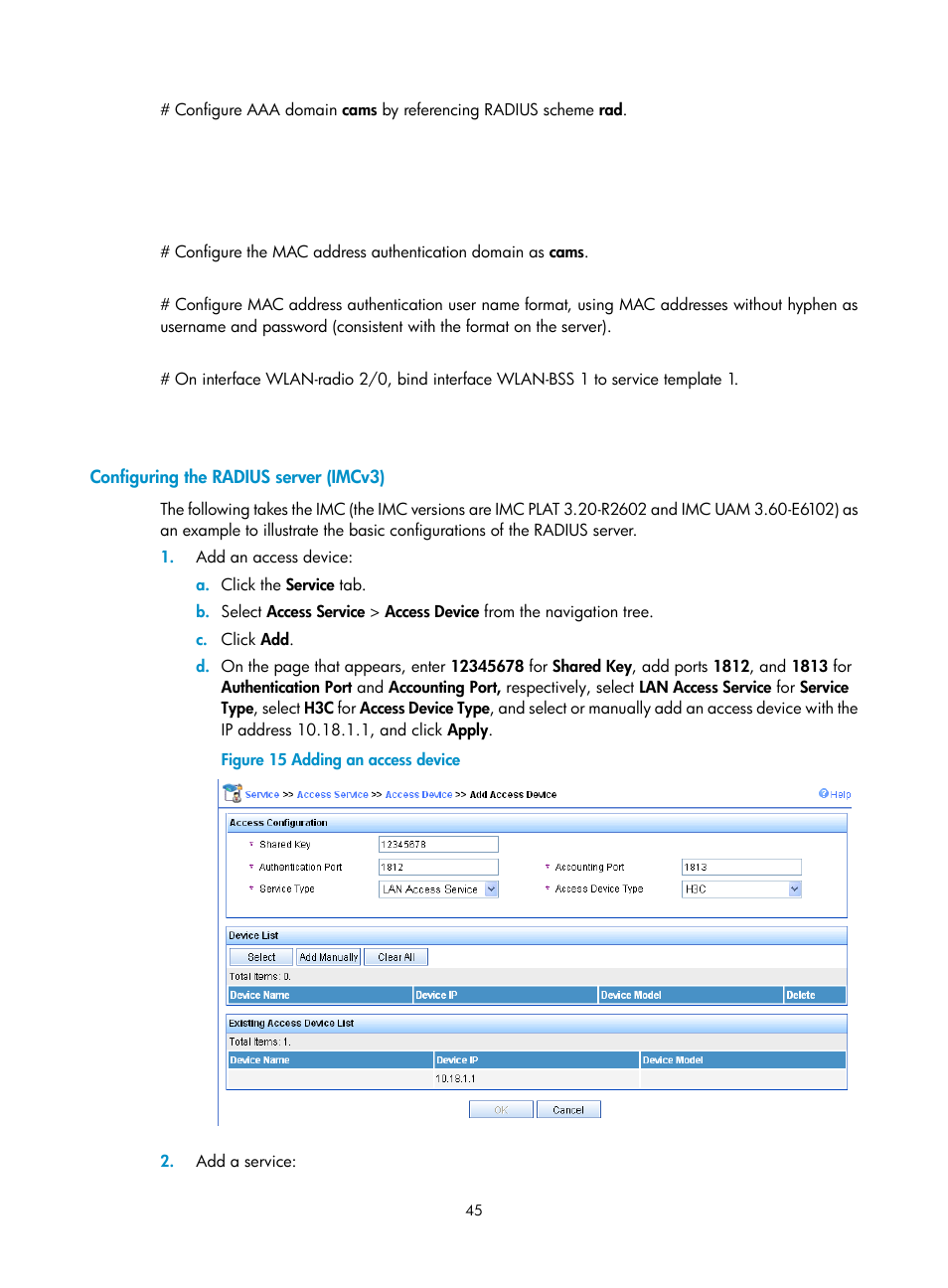 Configuring the radius server (imcv3) | H3C Technologies H3C MSR 50 User Manual | Page 54 / 83