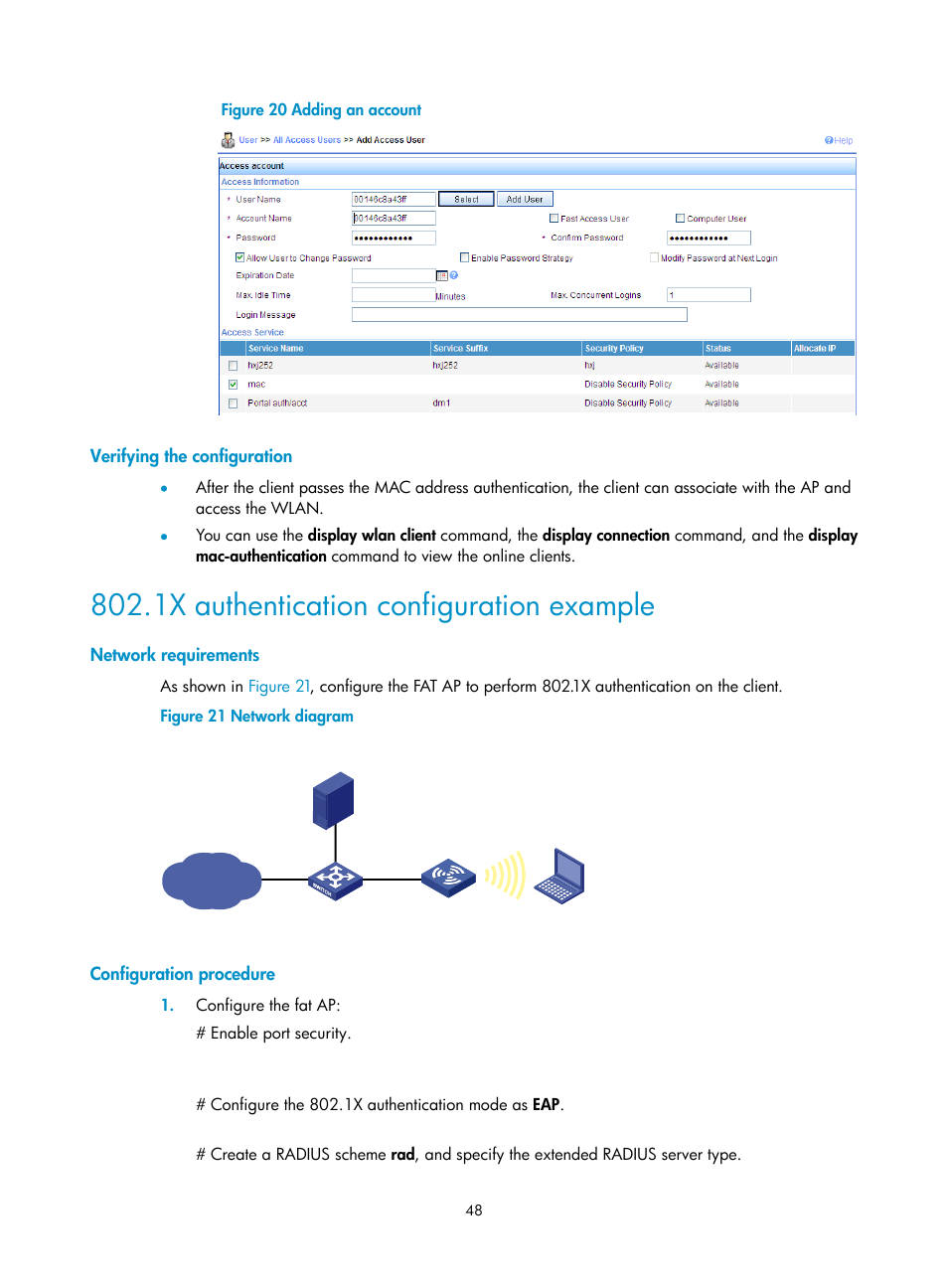 Verifying the configuration, 1x authentication configuration example, Network requirements | Configuration procedure | H3C Technologies H3C MSR 50 User Manual | Page 57 / 83