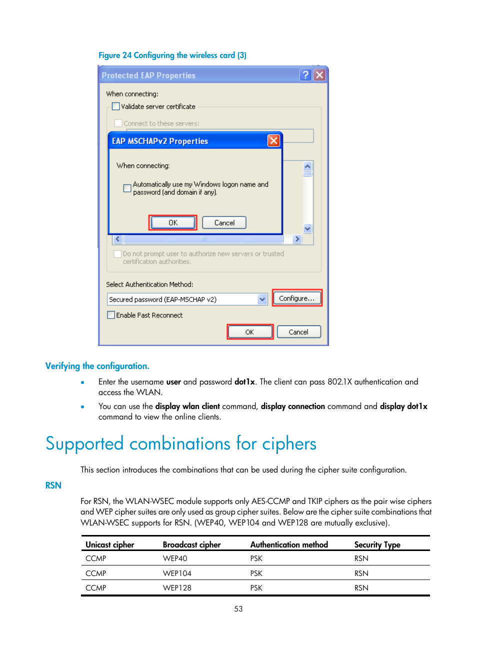 Verifying the configuration, Supported combinations for ciphers, Figure 24 | H3C Technologies H3C MSR 50 User Manual | Page 62 / 83