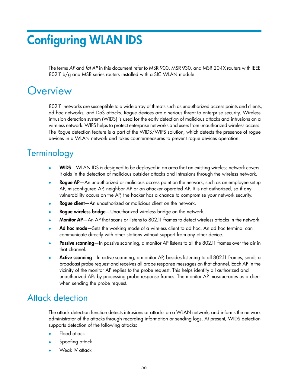 Configuring wlan ids, Overview, Terminology | Attack detection | H3C Technologies H3C MSR 50 User Manual | Page 65 / 83