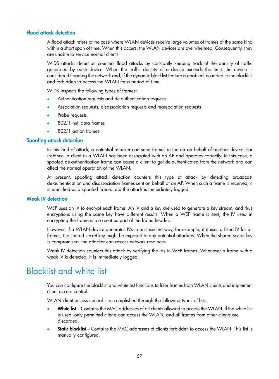 Flood attack detection, Spoofing attack detection, Weak iv detection | Blacklist and white list | H3C Technologies H3C MSR 50 User Manual | Page 66 / 83