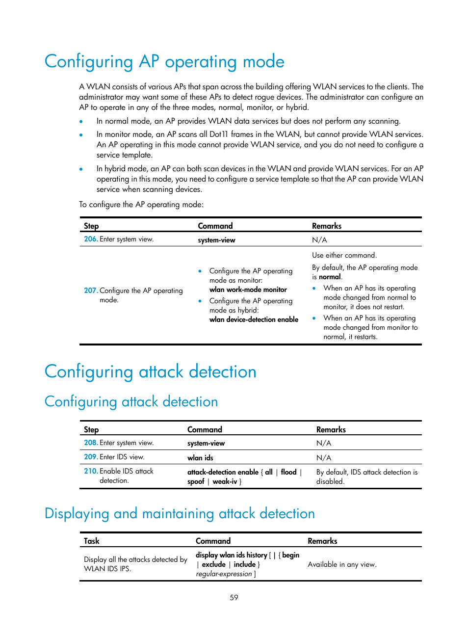 Configuring ap operating mode, Configuring attack detection, Displaying and maintaining attack detection | H3C Technologies H3C MSR 50 User Manual | Page 68 / 83