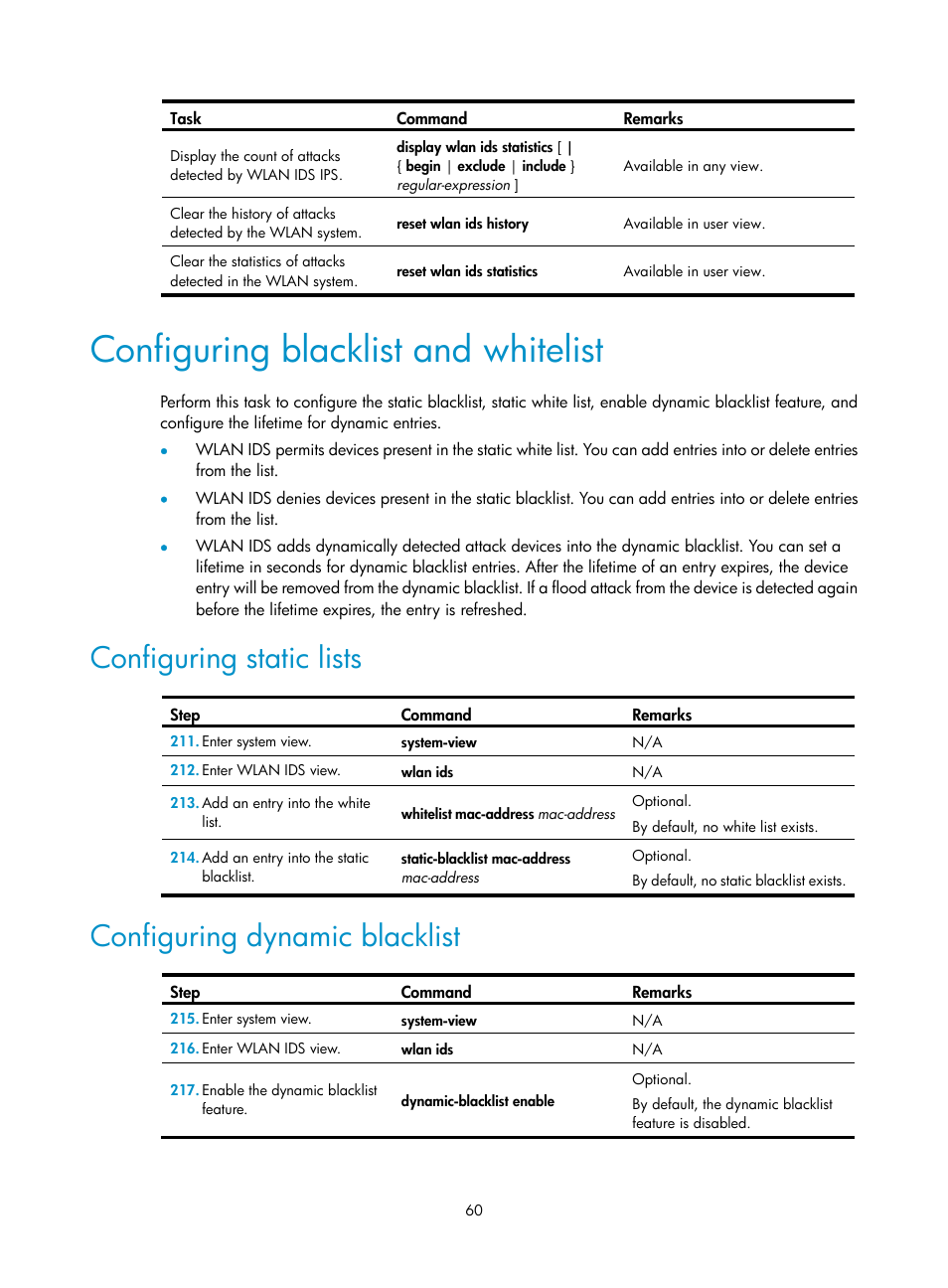 Configuring blacklist and whitelist, Configuring static lists, Configuring dynamic blacklist | H3C Technologies H3C MSR 50 User Manual | Page 69 / 83