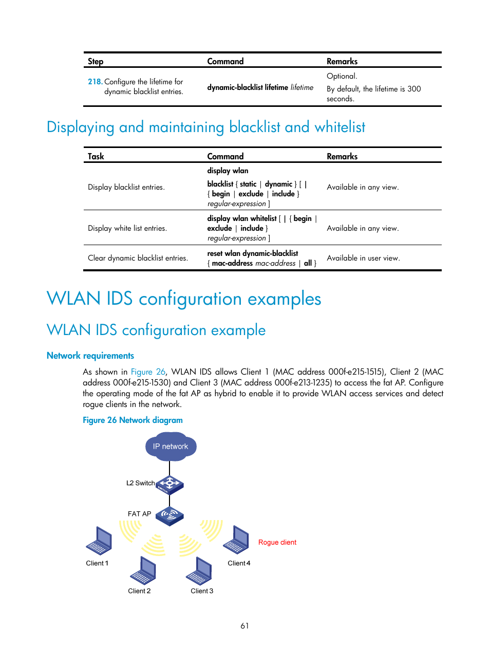 Displaying and maintaining blacklist and whitelist, Wlan ids configuration examples, Wlan ids configuration example | Network requirements | H3C Technologies H3C MSR 50 User Manual | Page 70 / 83