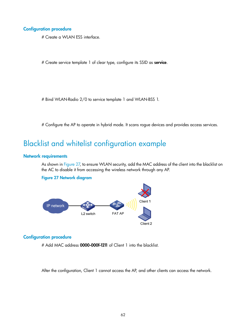 Configuration procedure, Blacklist and whitelist configuration example, Network requirements | H3C Technologies H3C MSR 50 User Manual | Page 71 / 83