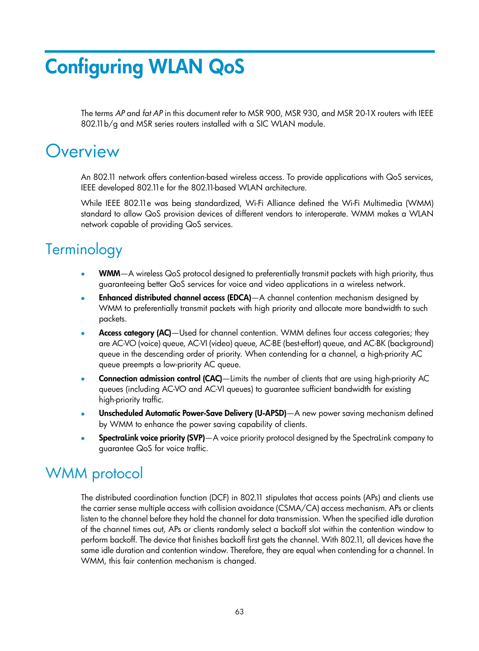 Configuring wlan qos, Overview, Terminology | Wmm protocol | H3C Technologies H3C MSR 50 User Manual | Page 72 / 83