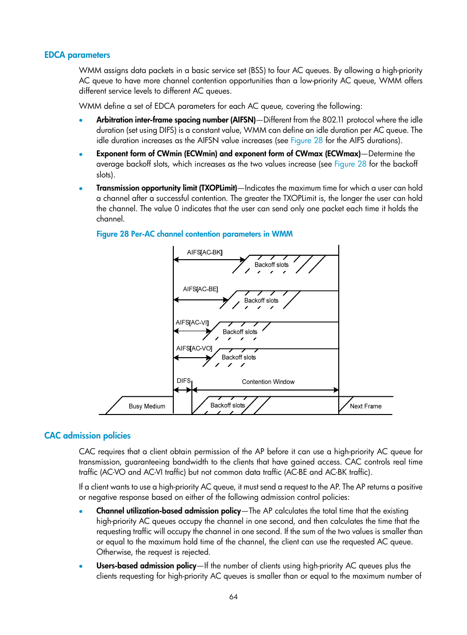 Edca parameters, Cac admission policies | H3C Technologies H3C MSR 50 User Manual | Page 73 / 83