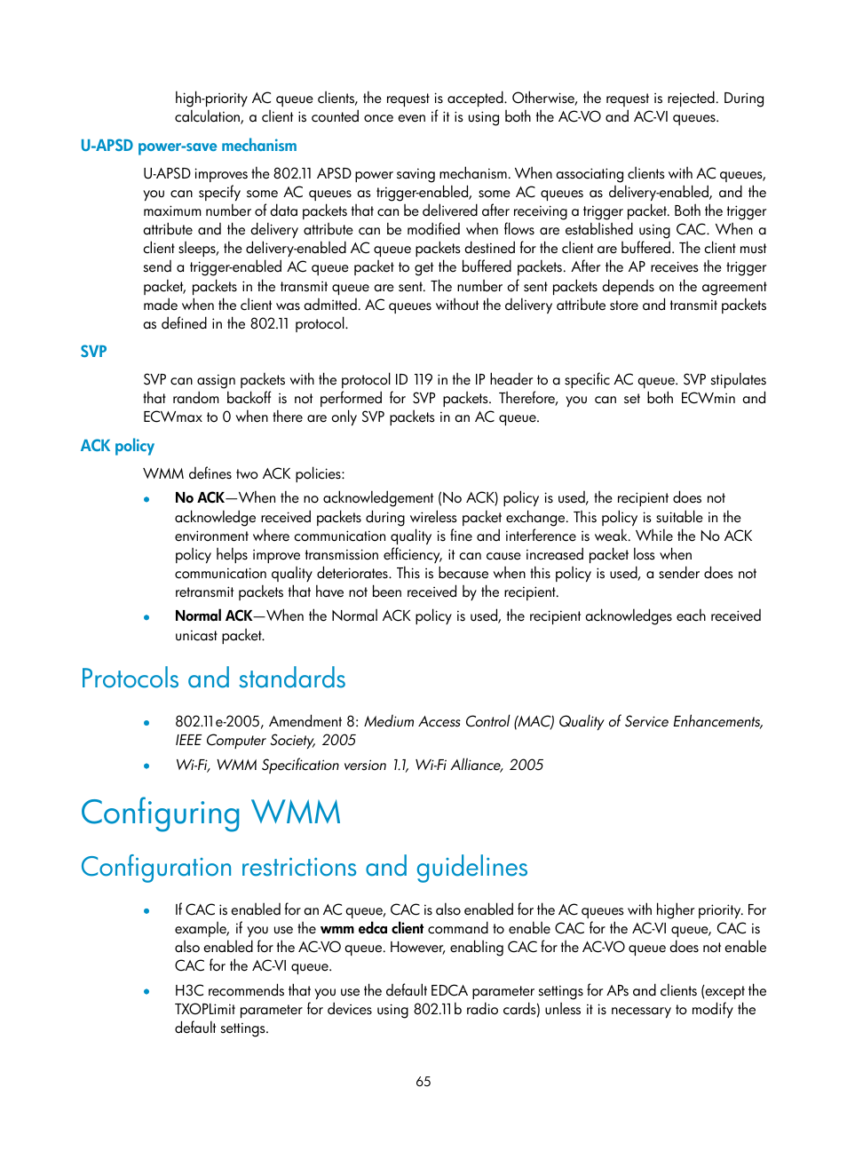 U-apsd power-save mechanism, Ack policy, Protocols and standards | Configuring wmm, Configuration restrictions and guidelines | H3C Technologies H3C MSR 50 User Manual | Page 74 / 83