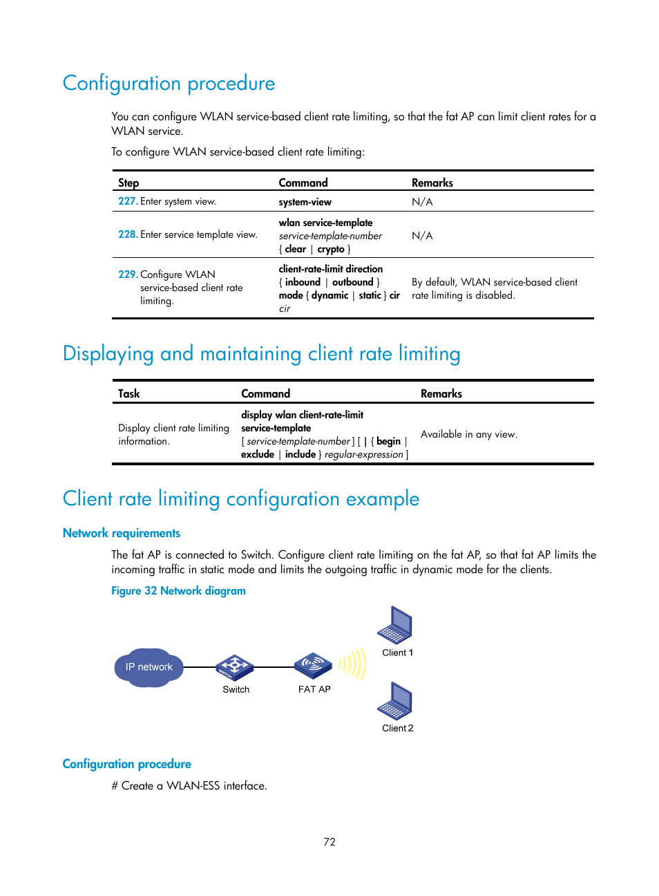 Configuration procedure, Displaying and maintaining client rate limiting, Client rate limiting configuration example | Network requirements | H3C Technologies H3C MSR 50 User Manual | Page 81 / 83