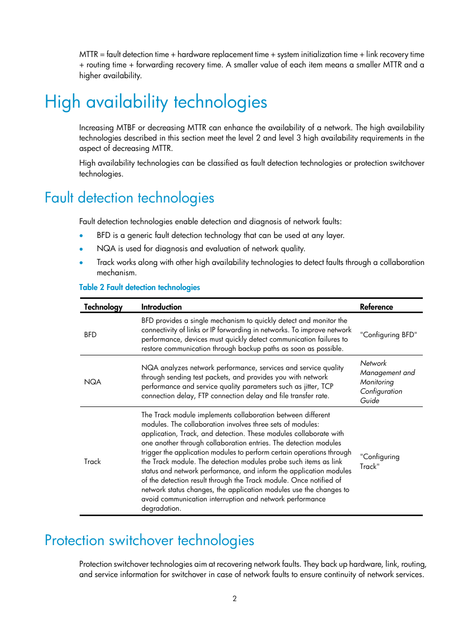 High availability technologies, Fault detection technologies, Protection switchover technologies | H3C Technologies H3C MSR 50 User Manual | Page 10 / 124