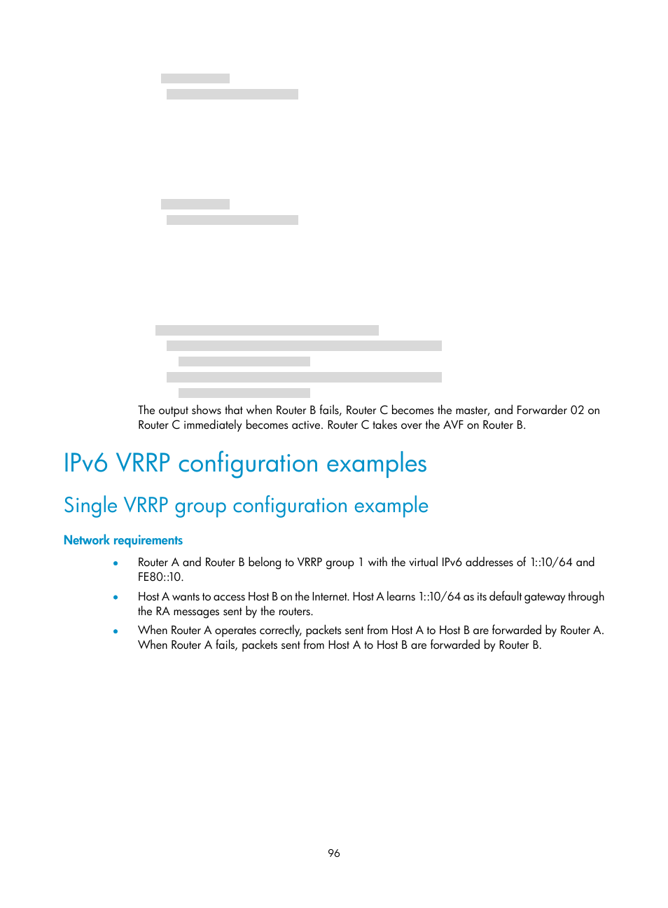 Ipv6 vrrp configuration examples, Network requirements, Single vrrp group configuration example | H3C Technologies H3C MSR 50 User Manual | Page 104 / 124