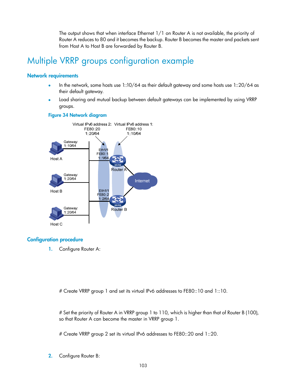 Network requirements, Configuration procedure, Multiple vrrp groups configuration example | H3C Technologies H3C MSR 50 User Manual | Page 111 / 124