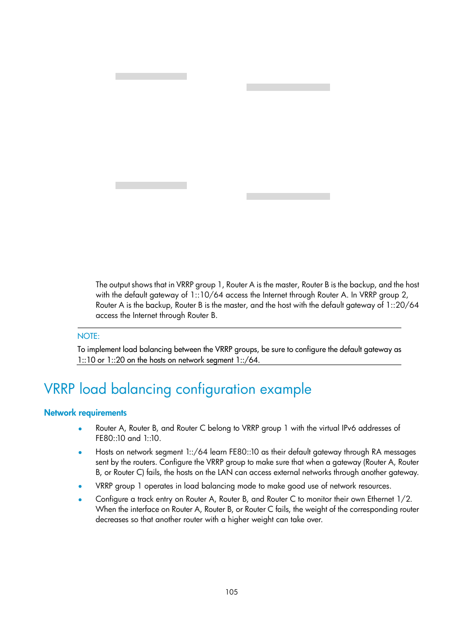 Network requirements, Vrrp load balancing configuration example | H3C Technologies H3C MSR 50 User Manual | Page 113 / 124