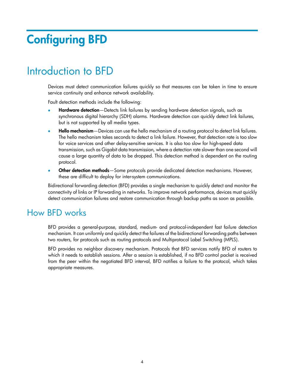 Configuring bfd, Introduction to bfd, How bfd works | H3C Technologies H3C MSR 50 User Manual | Page 12 / 124