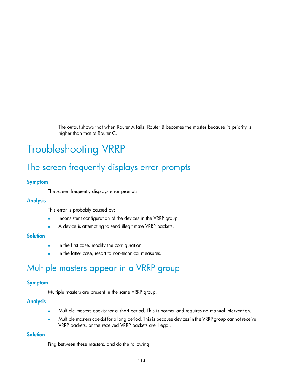 Troubleshooting vrrp, Symptom, Analysis | Solution, The screen frequently displays error prompts, Multiple masters appear in a vrrp group | H3C Technologies H3C MSR 50 User Manual | Page 122 / 124