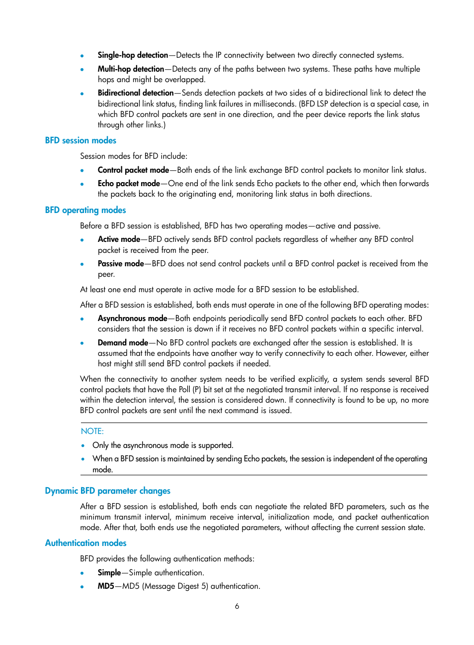 Bfd session modes, Bfd operating modes, Dynamic bfd parameter changes | Authentication modes | H3C Technologies H3C MSR 50 User Manual | Page 14 / 124