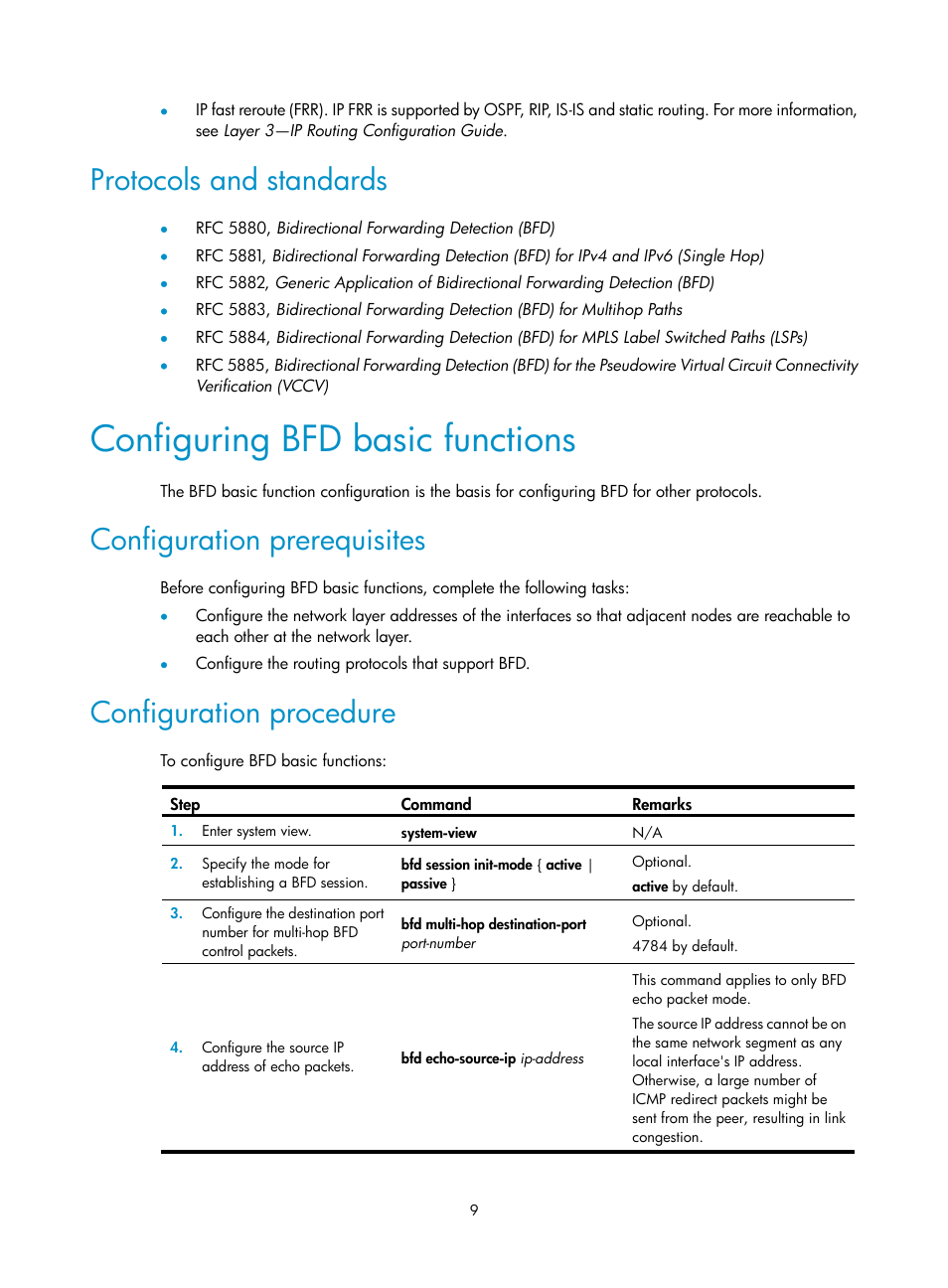 Configuring bfd basic functions, Protocols and standards, Configuration prerequisites | Configuration procedure | H3C Technologies H3C MSR 50 User Manual | Page 17 / 124