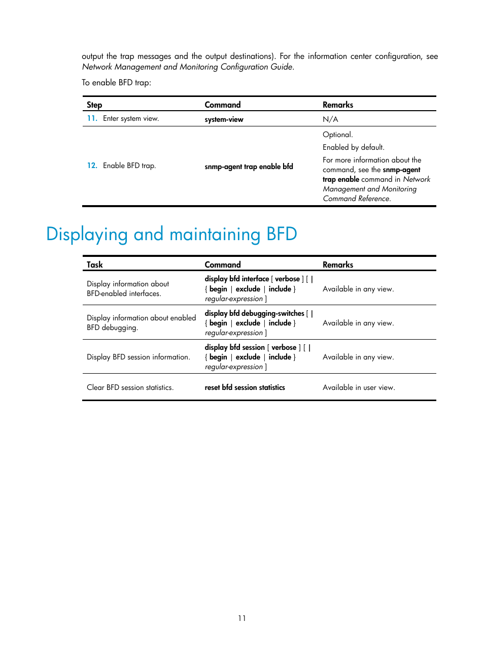 Displaying and maintaining bfd | H3C Technologies H3C MSR 50 User Manual | Page 19 / 124