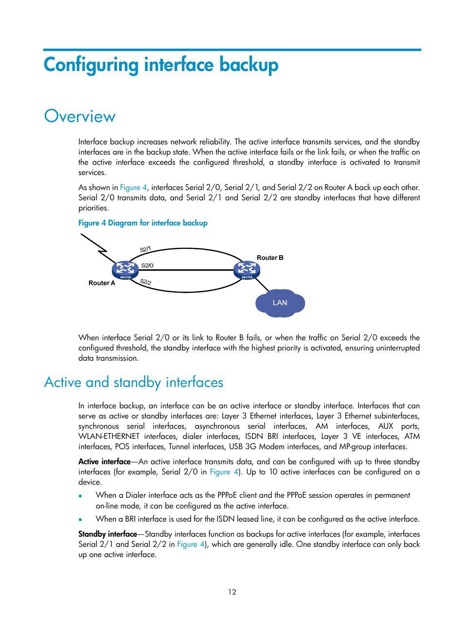 Configuring interface backup, Overview, Active and standby interfaces | H3C Technologies H3C MSR 50 User Manual | Page 20 / 124