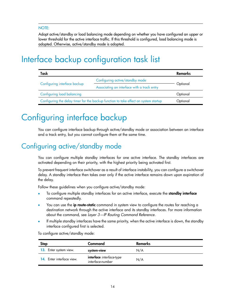 Interface backup configuration task list, Configuring interface backup, Configuring active/standby mode | H3C Technologies H3C MSR 50 User Manual | Page 22 / 124