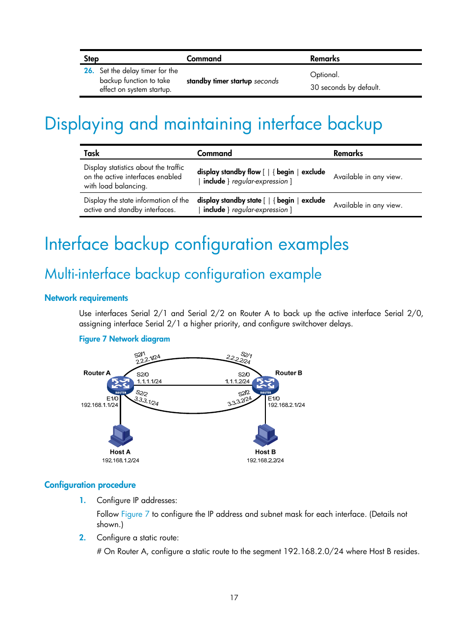 Displaying and maintaining interface backup, Interface backup configuration examples, Network requirements | Configuration procedure, Multi-interface backup configuration example | H3C Technologies H3C MSR 50 User Manual | Page 25 / 124